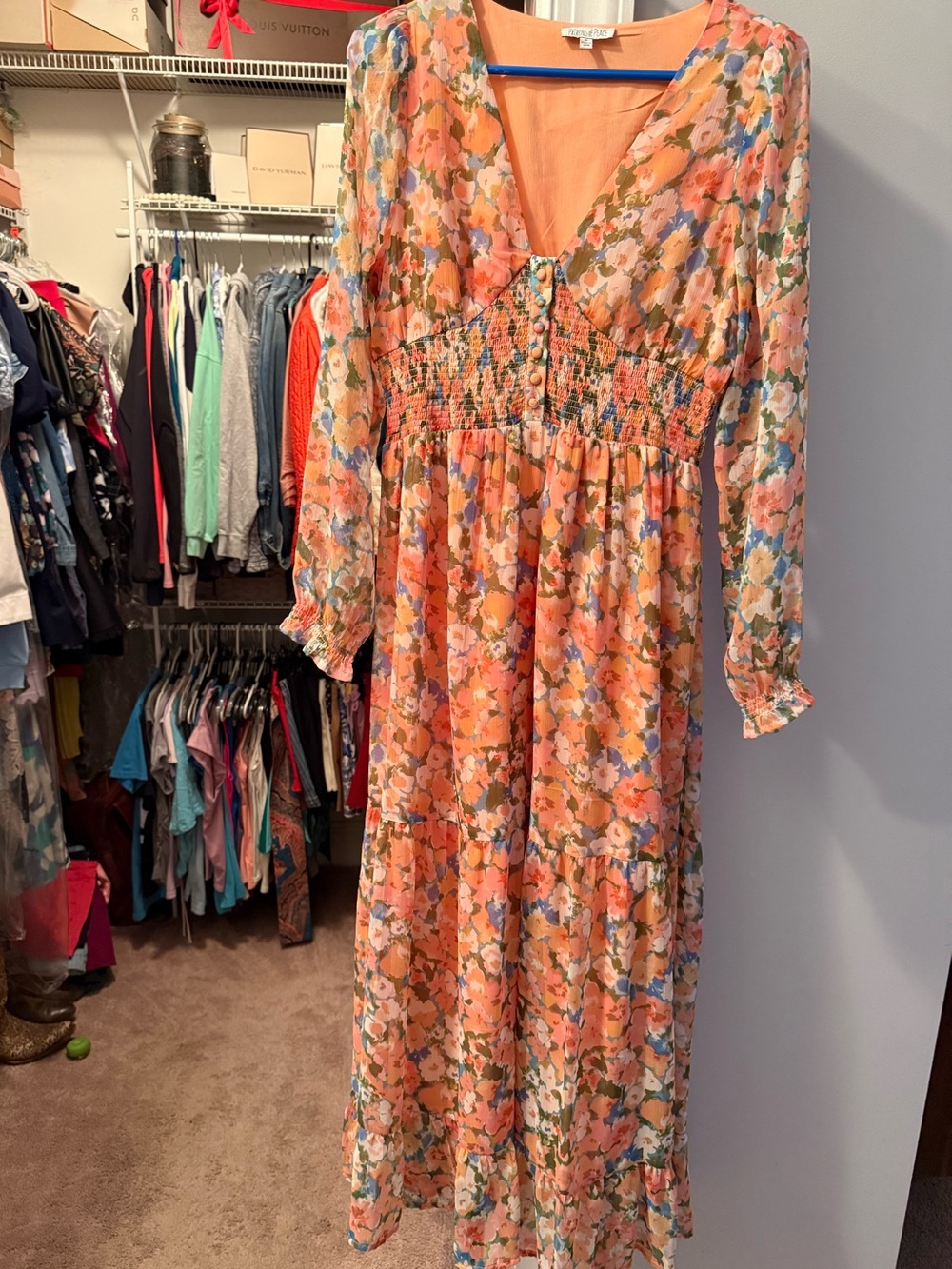 Like New-worn once-Patrons of Peace Peach Floral Smocked Maxi Dress Medium